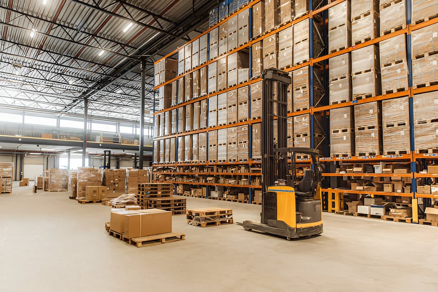 Modern warehouse with pallet racking and forklifts